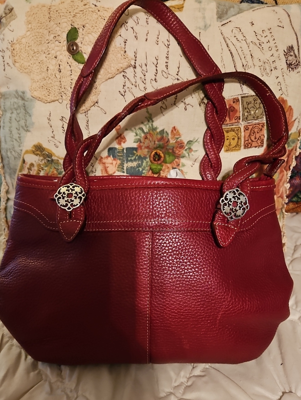 Women's Red Leather Shoulder Tote Bag